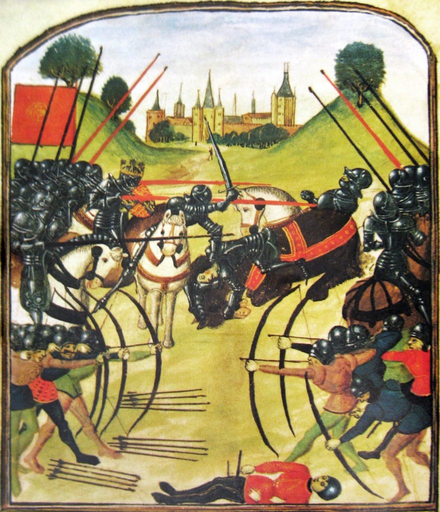 Battle of Tewkesbury. Two lines of knights facing each other. Archers firing their arrows