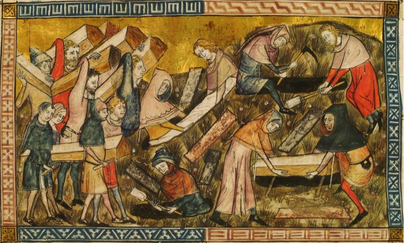 The people of Tournai bury victims of the Black Death. c1353